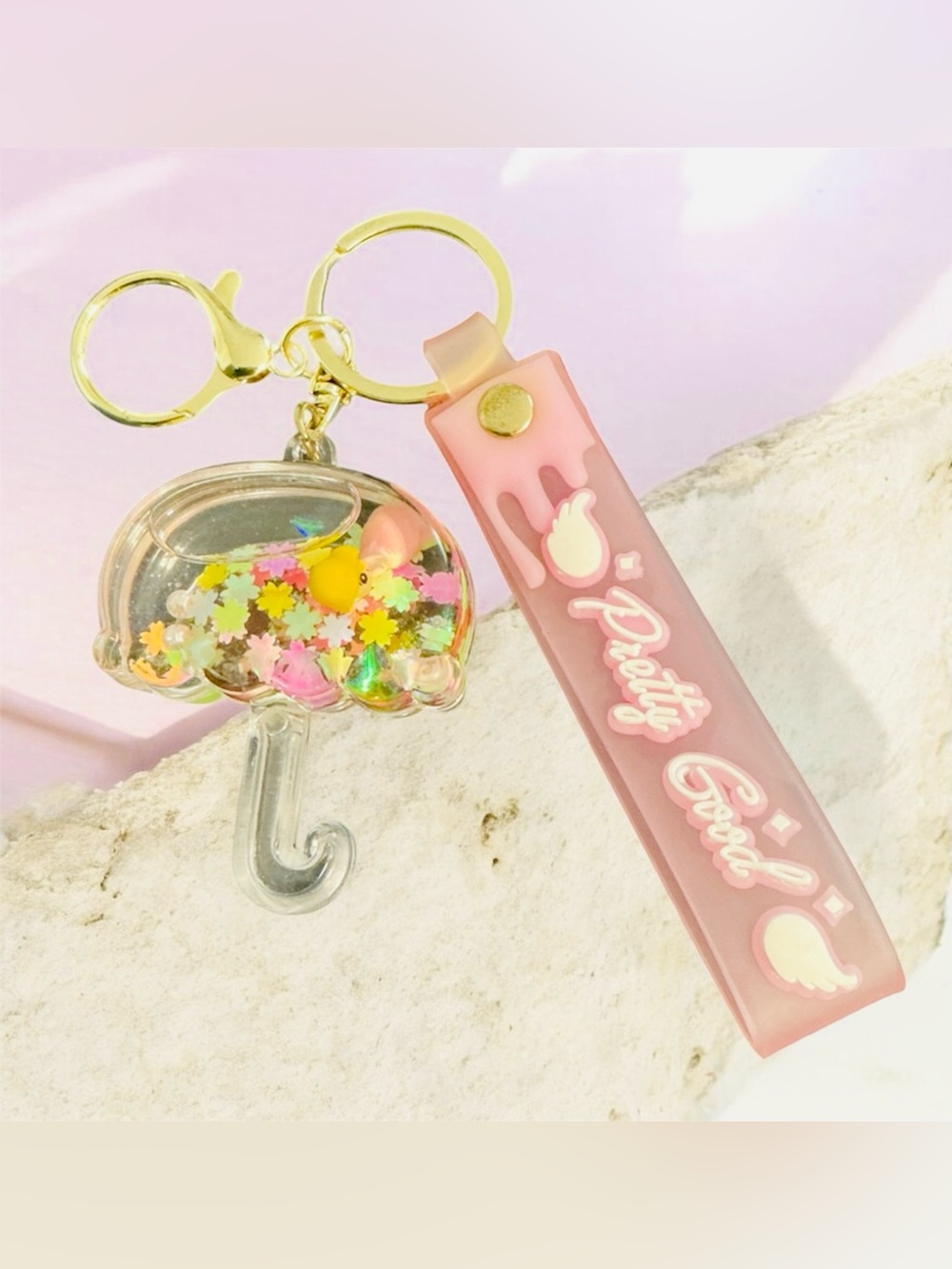 Pink 'Pretty Good' Resin Keychain with Clear Umbrella Charm LIKE NEW